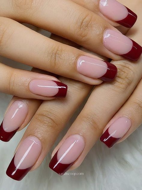 Maroon Tip Nails French Manicures, Maroon Glitter French Tip Nails, Maroon And White Nails Design, Maroon French Nails, Maroon And Pink Nails, Burgundy Nails French Tips, Maroon French Tips, Maroon Nails Acrylic, Burgundy French Tip