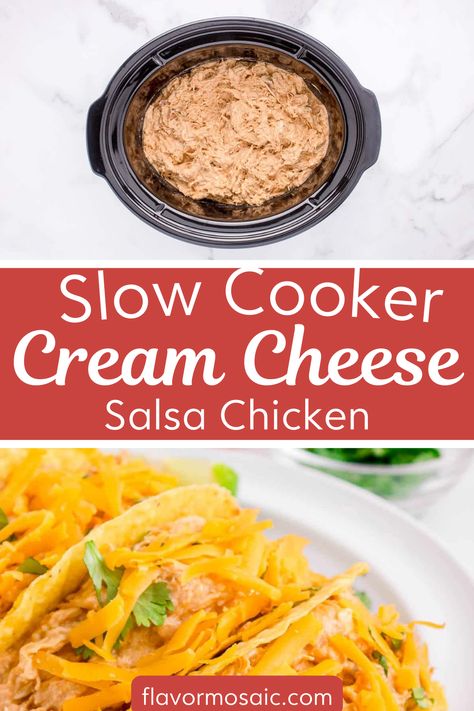 This Slow Cooker Cream Cheese Salsa Chicken recipe combines chicken breasts, taco seasoning, salsa, and cream cheese in a slow cooker.  The chicken is cooked until tender, shredded, and mixed, creating a versatile, creamy Tex-Mex dish. It’s perfect to add to burrito bowls or rice bowls for a delicious dinner time on busy weeknights! Cream Cheese And Salsa Chicken, Cream Cheese Salsa Chicken Crockpot, Cream Cheese Chicken Tacos Crockpot, Salsa Chicken Crockpot Cream Cheese, Crockpot Chicken Salsa Cream Cheese, Crockpot Salsa Chicken Recipes, Crock Pot Chicken Recipes With Cream Cheese, Salsa Cream Cheese Chicken, Chicken Salsa Cream Cheese