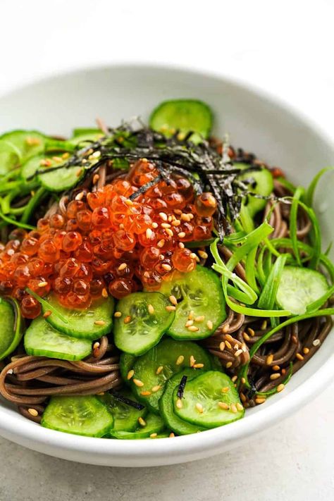 Cold Soba Noodle Salad, Whisper Of Yum, Cold Noodles Recipes, Cucumber Salmon, Soba Recipe, Soba Salad, Soba Noodles Recipe, Soba Noodle Salad, Noodle Salad Cold