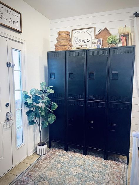 Metal Lockers In Living Room, Entryway With Lockers, Lockers In Home, Metal Lockers Ideas For Home Entryway, Metal Lockers Mudroom, Decorating With Lockers, Locker Makeover Metal, Locker Entryway Ideas, School Lockers Repurposed