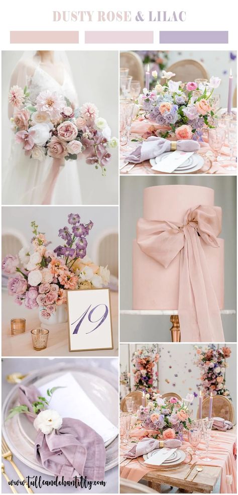 Spring Wedding Color Palette Flowers, Dusty Pink And Lilac Wedding, Dusty Violet Wedding, Lavender Pink Wedding Theme, Lilac Color Scheme Wedding, Lilac And Blush Wedding Theme, Pink And Lavender Wedding Theme, Pink Lilac Wedding, Wedding Color Pallets Spring