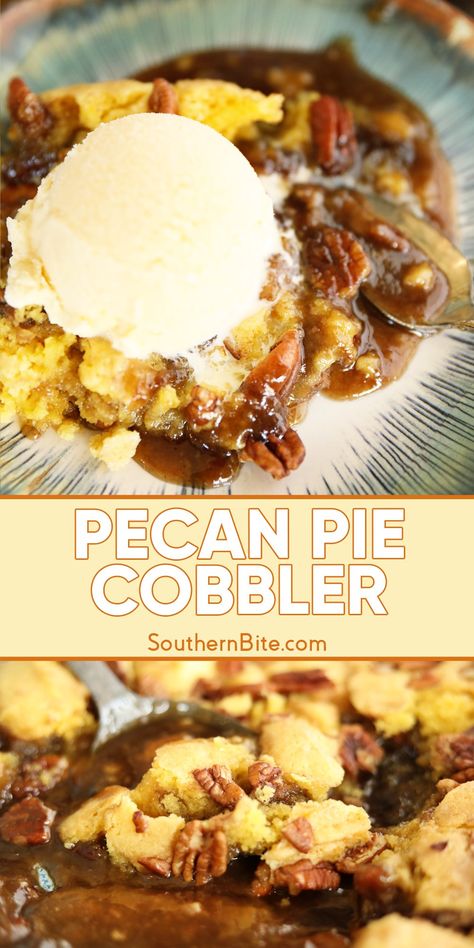 This Pecan Pie Cobbler is where classic pecan pie and cobbler collide! Crunchy pecans, cakey cobbler, and lots of that gooey pecan pie filling make this one of my new favorite desserts! Dixie’s Pecan Pie Cobbler, Thanksgiving Desserts With Pecans, Pecan Pie Crumble, Peanut Butter Cobbler Carnival Eats, Pecan Pie Dessert Ideas, Pecan Pie Casserole, Southern Thanksgiving Recipes Desserts, Pecan Cobbler Recipe Easy, Thanksgiving Food Ideas Desserts