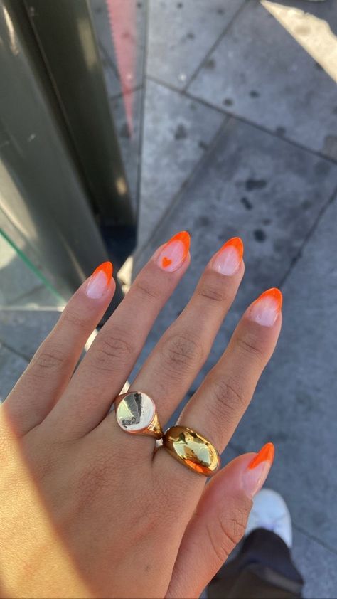 Orange Nails With Heart Design, Sns Nails Orange, Preppy Nails Orange, Cute Orange French Tip Nails, Hoco Nails For Orange Dress, Orange Prom Dress Nails, Orange Color Nail Designs, Nail Ideas With Orange, Neon Orange Prom Nails