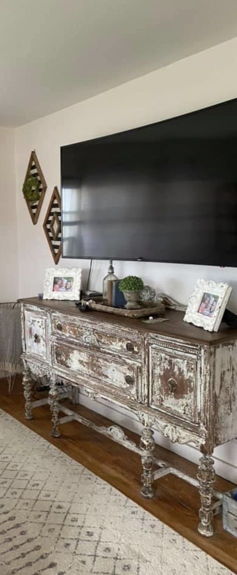 Tv On Buffet Cabinet, Antique Buffet Tv Stand, Antique Buffet As Tv Stand, Antique Sideboard Tv Stand, French Country Tv Wall, Antique Tv Console, Antique Entertainment Center, Antique Tv Stand Ideas, Antique Server Buffet