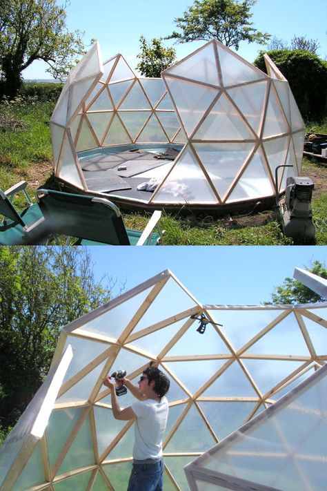 Geodesic Dome Greenhouse Diy, Diy Dome Greenhouse, Cheap Greenhouse Ideas Diy, A Frame Greenhouse Diy, Backyard Camping Ideas For Adults, Triangle Greenhouse, Diy Green House Ideas, Easy Green House Diy, Diy Igloo Outdoor