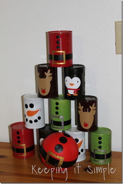 Christmas Crafts to make with a Silhouette Machine | Keeping it Simple  ----> Christmas bowling cans Christmas Fayre Ideas, Christmas Fair Ideas, Christmas Games For Family, Christmas Carnival, Christmas School, Christmas Party Games, Easy Christmas Crafts, Can Crafts, Fun Christmas