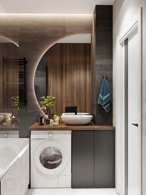 Modern Bathroom With Washing Machine, Bathroom Unique, Bathroom Wall Hanging, Basin Unit, Washer Dryer, Bathroom Interior Design, Bathroom Wall, Home Decor Bedroom, Bathroom Interior