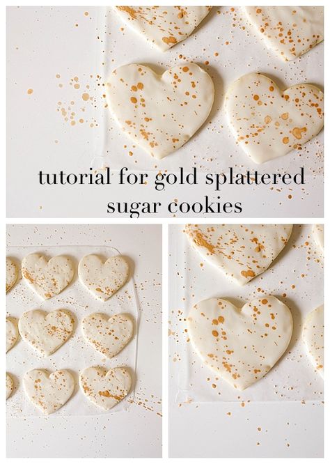 sweets   Lavender Vanilla Bean Sugar Cookies. Recipe and Tutorial for Gold Splatter Cookies. These cutout cookies are flavored with lavender and vanilla and topped with a simple icing glaze that is easy and quick to apply. The gold is painted on the cookie in a splatter technique that is a fun method of decorating! Simple Icing, Icing Glaze, Vanilla Bean Sugar, Gold Cookies, Lavender And Vanilla, Anniversary Cookies, Cutout Cookies, Cookie Craft, Cookie Decorating Party