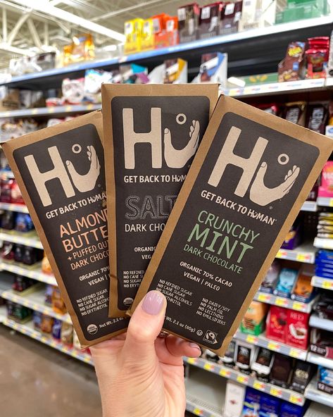 Great News!! Hu Chocolate bars are now available in Walmart nationwide! The bars are vegan, paleo, refined-sugar-free, but most importantly, taste amazing! They satisfy your craving for chocolate without making you feel guilty about it. ONLY 3 simple ingredients in the base chocolate - organic cacao, organic cocoa butter, and organic unrefined coconut sugar. Flavors include Salty, Simple, Crunchy Mint, Hazelnut Butter, Cashew Butter and Almond Butter. You guessed right, those last thre Healthy Chocolate Bars, Hu Chocolate, Vegan Chocolate Bars, Sugar Free Snacks, American Chocolate, Vegan Bar, Organic Snacks, Hazelnut Butter, Vegan Sugar