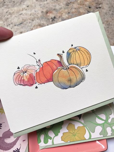 Pumpkin Greeting Card Fall Card Pack Autumn Pumpkins | Etsy Autumn Watercolors Simple, Thanksgiving Card Ideas Watercolor, Autumn Cards Watercolor, Fall Watercolor Doodles, Fall Cards Watercolor, Simple Fall Watercolor Cards, Diy Fall Cards Handmade, Painting Of Pumpkins, Halloween Cards Handmade Watercolor