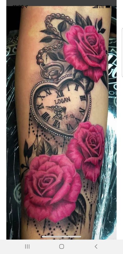 Clock And Rose Tattoo, Watch Tattoo, Flower Tattoo Meanings, Hourglass Tattoo, Rose Tattoos For Women, Clock Tattoo Design, Omerta Tattoo, Watch Tattoos, Dope Tattoos For Women