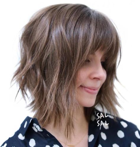 Brown Choppy Angled Bob Bob Shag, Shaggy Bob Hairstyles, Inverted Long Bob, Layered Bob With Bangs, Shaggy Bob Haircut, Inverted Bob Haircuts, Stacked Bob Hairstyles, Layered Bob Haircuts, Bob Hairstyles With Bangs