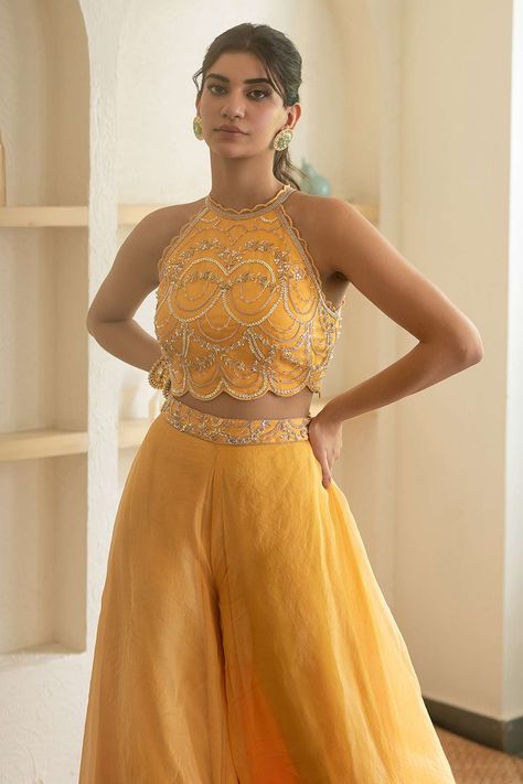 Buy Mani Bhatia Yellow Silk Organza Embroidered Cape And Gharara Set Online | Aza Fashions Sharara Designs For Haldi Ceremony, Blouse Sharara Set, Aesthetic Diwali Outfits, Trending Haldi Outfits, Yellow Ethnic Wear For Haldi, Yellow Indian Wear, Traditional Diwali Outfits, Sharara With Blouse, Sharara Designs Simple