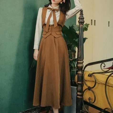 d9731321ef4e063ebbee79298fa36f56desc48072020ri Light Academia Clothes, Drama Clothes, Vintage Skirt Suit, Cottagecore Dresses, Retro Suits, Striped Vest, Cottagecore Clothes, Dark Academia Clothes, Vest Skirt