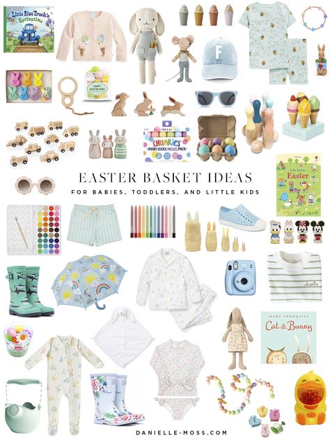 Easter Basket Gift Ideas for Babies, Toddlers, and Little Kids - Danielle Moss Minimalist Easter Basket, Toddler Girl Easter Basket, Easter Basket Ideas For Babies, Easter Basket Gift Ideas, Toddler Easter Gifts, Toddler Boy Easter, Basket Gift Ideas, Unique Easter Baskets, Creative Easter Baskets