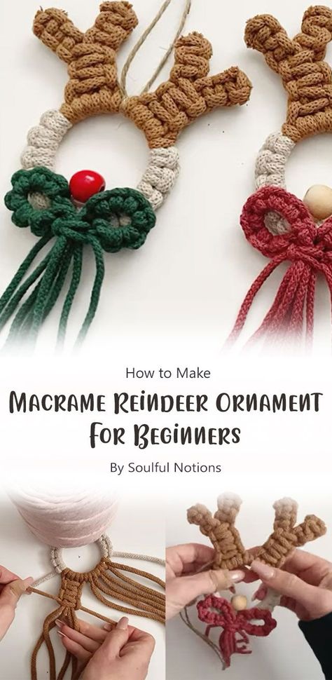 Take your crafting skills to the next level with this easy macrame reindeer ornament. Get started and you will be surprised that you made a beautiful ornament for your home in no time. Christmas Macrame Plant Hanger, Moon Macrame Diy Tutorial, Macrame That Sells, Macrema Christmas Ornaments Diy, Macrame For Kids Easy, Macrame Gifts Diy, Macrame Christmas Tutorial, Easy Macrame Christmas Ornaments, Macrame Christmas Ornaments Tutorials