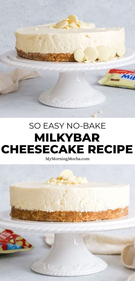 Here's how to make a milkybar white chocolate cheesecake with this easy no-bake recipe. It tastes insanely good and is very easy to make too! Milky Bar Cheesecake, Milkybar Cheesecake Recipe, Milk Chocolate Cheesecake, White Chocolate Cheesecake No Bake, How To Make A Cheesecake, No Bake White Chocolate Cheesecake, Cheesecake White Chocolate, Cheesecake Recipe No Bake, White Chocolate Cheesecake Recipes