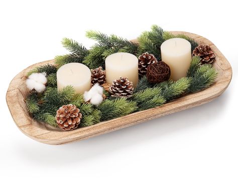 Christmas Decor Dough Bowl, Dough Bowl Christmas Decor, Christmas Dough Bowl, Dough Bowl Christmas Centerpiece, Modern Rustic Christmas Decor, Christmas Bowl Decorations, Wood Bowl Decor, Dough Bowl Centerpiece, Christmas Dining Table Decor