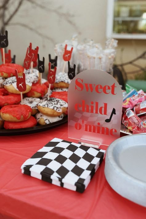 Rock Show Birthday Party, Rock N Roll Party Centerpieces, Two Year Old Rock Party, Rock Star 1st Birthday Party Ideas, Rocker First Birthday Party, Bon Jovi Themed Party, One Rocks First Birthday Backdrop, Rock N Roll Theme Birthday Party, One Rocks Backdrop