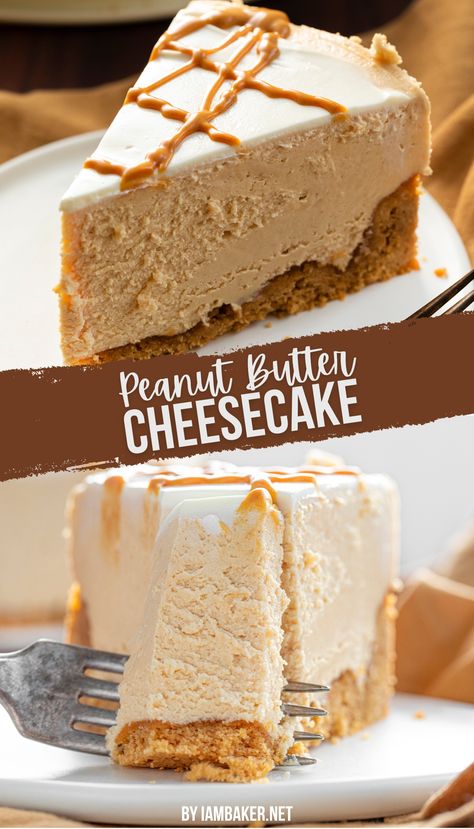 Two images of peanut butter cheesecake, showing a slice from different angles. Pb Cheesecake No Bake, Nutty Butty Cheesecake, Peanut Butter Cheesecake Cake, Homemade Peanut Butter Cheesecake, Thick Crust Cheesecake, Peanut Butter Swirl Cheesecake, Easy No Bake Peanut Butter Cheesecake, White Chocolate Peanut Butter Cheesecake, Cheesecake Recipes Peanut Butter