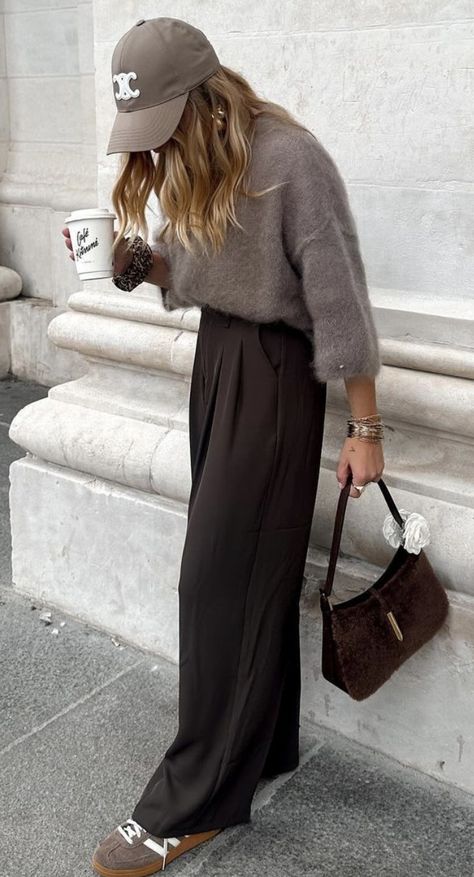 Winter Outfit Trends 2024/2025, Colorful Winter Street Style, Artsy Classy Outfits, Silk Brown Pants Outfit, Simple Luxury Outfit, Dark Brown Wide Leg Pants Outfit, Samba Outfits Women Fall, Casual Winter Outfits For Women Comfy, 2025 Clothing Trends