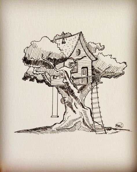 Tree house #art Woods Sketch Trees, Treehouse Aesthetic Drawing, Tree House Drawing Simple, Fairy Tree Houses Drawing, Tree House Tattoo, Treehouse Sketch, Josie Doodles, Treehouse Tattoo, Tree House Sketch