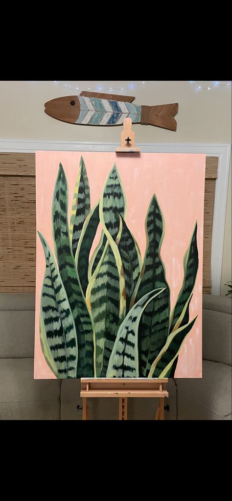 Snake Plant Acrylic Painting, Painted Plants On Canvas, Houseplant Painting Acrylic, House Plant Painting Acrylic, Big Leaves Painting, Minimalist Plant Painting, Foliage Painting Acrylic, How To Paint Plants Acrylic, Painting Plants On Canvas