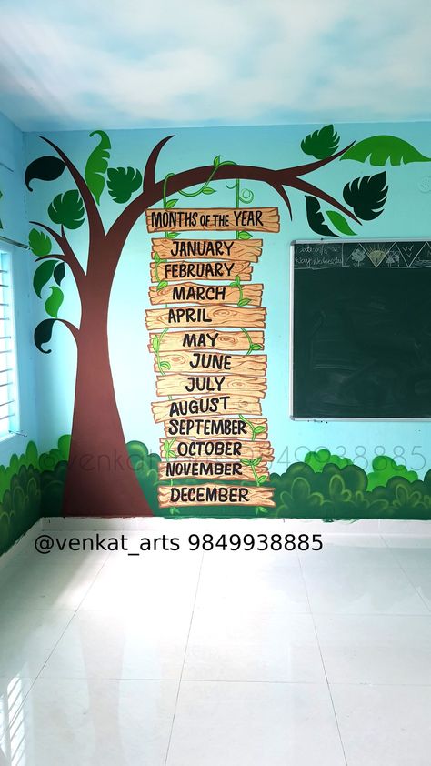 Play School Wall Decor Ideas, Kg Classroom Wall Painting, Wall Painting Ideas For Classroom, Educational Wall Painting For School, Pre Primary Classroom Wall Painting, School Corridor Decoration, School Painting Wall Classroom, Preschool Wall Painting Ideas, School Wall Art Ideas Classroom