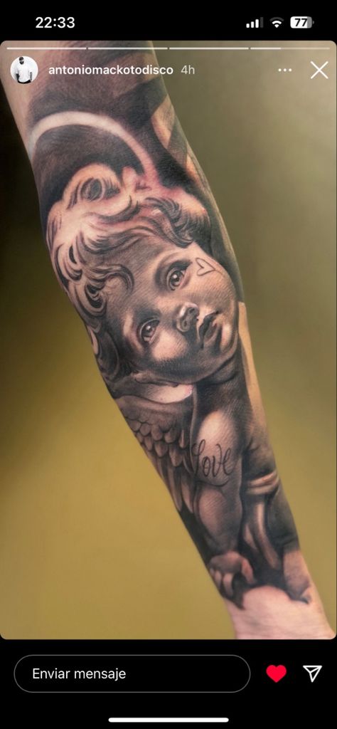 Back Tattoo Portrait, Baby Jesus Tattoo, Top Arm Tattoo, Angel Arm Tattoo, Angel Hand Tattoo, Cherub Angel Tattoo, Angel Tattoo Arm, Angel Sleeve Tattoo, Chicano Tattoos Sleeve