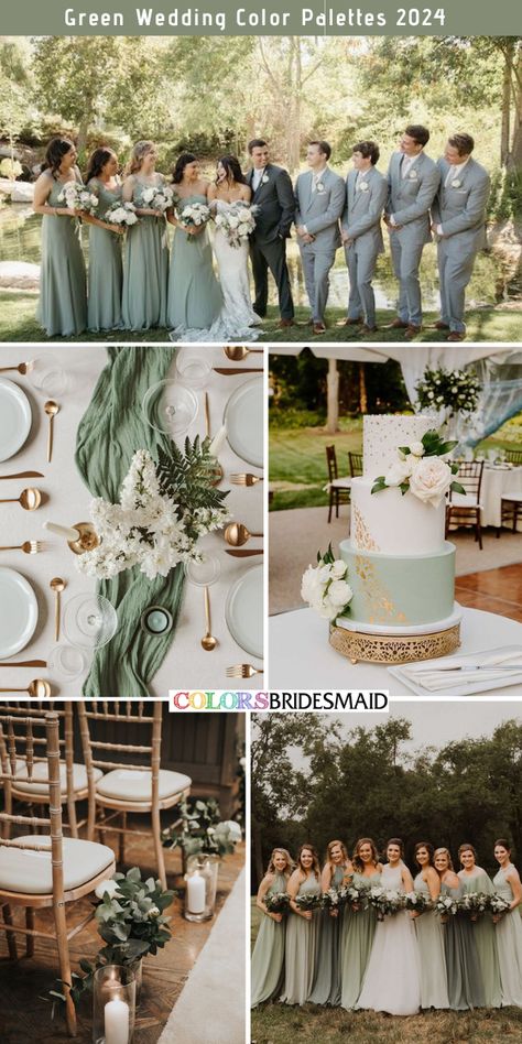 Sage green wedding color combos inspirations for 2024: Bridesmaid dresses in different shades of sage green, white bridal gown, light grey suits for groom and groomsmen, white and greenery wedding bouquets, white and sage green wedding cakes, white table cloth, sage green table runners, greenery bouquets as aisle markers. #weddingcolors #weddingideas #greenweddings #colsbm #2024 #bridesmaiddresses #sagegreenwedding Silver Sage Wedding Color Schemes, Sage Green Wedding Groomsman, Wedding Tuxedo For Men Groom Style Sage Green, Wedding Green Accent, Sage Wedding Pallet, Groomsmen Attire With Sage Green Bridesmaids, Sage Green And Gold Wedding Groomsmen, Sage Autumn Wedding, Dark Gray And Sage Green Wedding