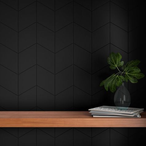 Merola Tile Rhombus Smooth 6" x 10" Porcelain Wall & Floor Tile & Reviews | Wayfair Black Tile Backsplash Bar, White Kitchen With Black Backsplash, Bathrooms With Black Floors, Black Wallpaper Accent Wall, Black Hexagon Backsplash, Matte Black Fireplace, Black Modern Fireplace, Black Kitchen Backsplash Ideas, Modern Black Fireplace