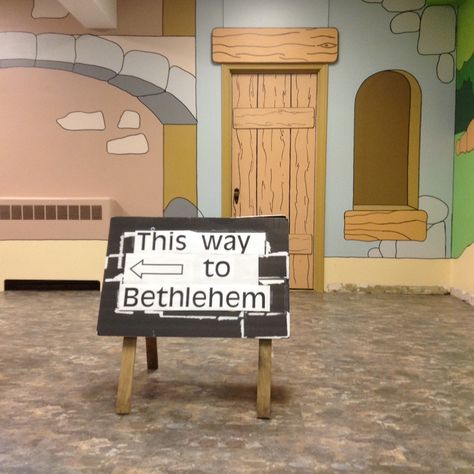 Journey To Bethlehem Decorations, Cardboard Nativity, Wall Scenery, Live Nativity, Journey To Bethlehem, Garage Sale Signs, Ward Christmas Party, Birth Of Christ, Scene Setters