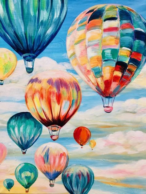 Hot Air Balloon Drawing, Balloon Painting, Canvas Art Projects, Cute Canvas Paintings, Acrylic Painting Techniques, Impressionist Paintings, Night Art, Amazing Art Painting, Hot Air Balloons