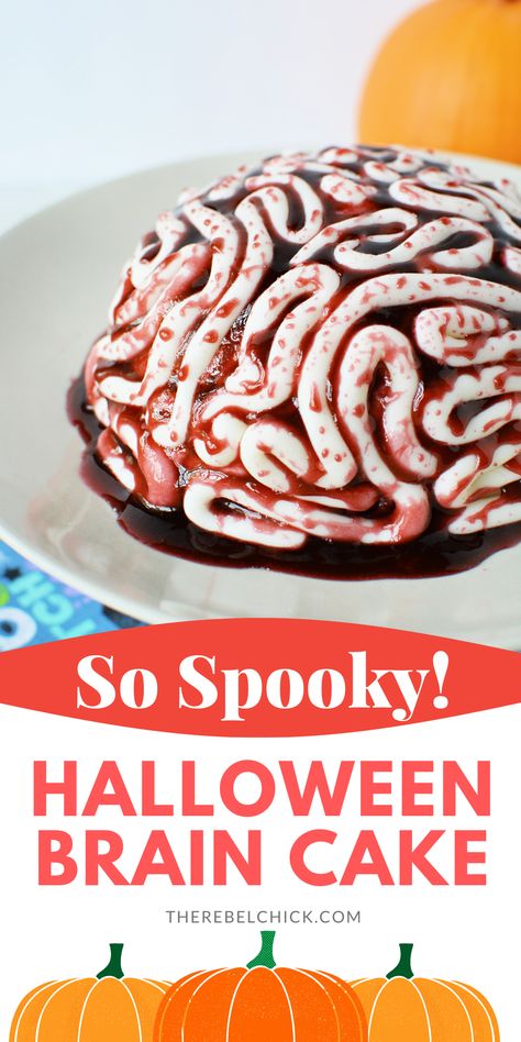 A Spooky Fun Halloween Brain Cake Recipe #HalloweenDessert #braincake #halloweencake Halloween Brain Cake, Red Velvet Halloween, Halloween Cake Pop Recipes, Halloween Dessert Recipe, Halloween Pumpkin Cookies, Brain Cake, Pumpkin Bagels, Halloween Cookie Recipes, Halloween Breakfast