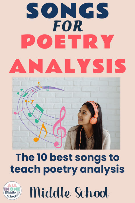 blog post on poetry lessons with the 10 best songs for poetry analysis Middle School Poetry, Middle School Music Lessons, Poetry Unit Middle School, Poems For Middle School, Poetry Middle School, Poetic Devices, Poetry Analysis, Poetry Unit, Middle School Music