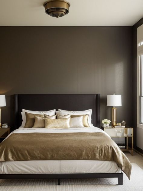 Accent Wall Moody, Rust Color Accent Wall, Urban Bronze Accent Wall, Urban Bronze Bedroom, Bronze Accent Wall, Urbane Bronze Bedroom, Brown Accent Wall Bedroom, Color Accent Wall, Cream And Gold Bedroom