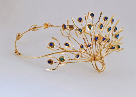 Exquisite 14k yellow gold wedding crown with thirty-five Australian opals by Merry Renk, titled "James Love Peacock"; Peacock Gold Jewellery, Peacock Tiara, Elegant Gold Plated Peacock Design Jewelry, Formal Yellow Gold Peacock Jewelry, Gold Peacock Feather, Peacock Jewelry, Modernist Jewelry, Bridal Fashion Jewelry, Gold Crown