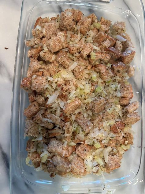 Sprouted Bread Stuffing Recipe - Gimme the Good Stuff Ezekial Bread, Sprouted Bread, Ezekiel Bread, Gimme Some Oven, Veggie Stock, Healthy Bread, Poultry Seasoning, Organic Chicken, Stuffing Recipes