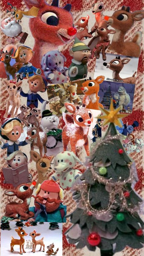 Collage wallpaper of the beloved Rudolph the Red Nosed Reindeer. Rankin Bass Christmas Wallpaper, Rudolph Wallpaper Iphone, Christmas Wallpaper Movies, Christmas Wallpaper Rudolph, Christmas Wallpaper Aesthetic Red, Rudolph The Red Nosed Reindeer Wallpaper, Christmas Movie Collage, Therian Christmas, Christmas Movie Wallpaper