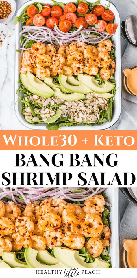 This Bang Bang Shrimp is fresh shrimp tossed in spicy bang bang sauce and served over arugula along with avocados, slivered almonds, grape tomatoes, and red onions. This dish is perfect year round and is Keto, Whole30, Paleo and Dairy Free.#bangbangshrimp #asianshrimp #whole30 #whole30recipes #keto #ketorecipes #ketosalads #whole30salads #dairyfree #glutenfree Bang Bang Shrimp Salad, Shrimp Salad Healthy, Whole 30 Keto, Spicy Shrimp Salad, Whole 30 Salads, Bang Bang Sauce, Salad Cucumber, Clean Dinners, Fresh Shrimp