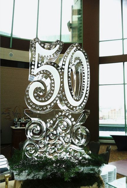 50 3D Ice Sculpture by Art Below Zero, via Flickr 50th Birthday Ice Sculpture, Monogram Ice Sculpture, Wedding Ice Sculpture Ideas, Ice Sculptures Party, 70s Theme Party, Ice Carving, Moms 50th Birthday, Disco Birthday Party, Elegant Birthday Party