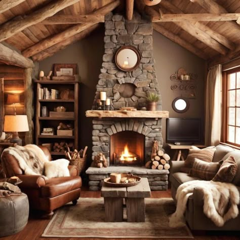 Retreat Cabin Living Room Aesthetic, Small Cottage Interiors Living Room, Coffee Shop Christmas Decor, Cabin Interiors Living Room, Cabin Fireplace Ideas, Canoe Decor, Yellowstone Cabin, Cozy Living Room With Fireplace, Coffee Shop Christmas