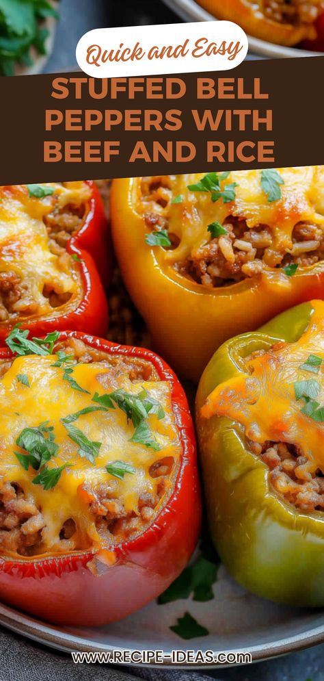 Enjoy a delicious and hearty dish with our stuffed bell peppers recipe! Made with juicy ground beef, nutritious brown rice, and vibrant bell peppers, this comforting meal is perfect for family dinners. Easy to prepare and packed with flavor, these peppers are a great way to enjoy wholesome ingredients. Whether you're looking for weeknight meal ideas or a healthy recipe to impress, this stuffed bell pepper recipe covers all bases. Try it out for a filling dish that everyone will love! Rice A Roni Stuffed Bell Peppers, Stuffed Peppers Beef And Rice, Stuffed Pepper Recipes Beef And Rice, Easy Stuffed Bell Peppers Ground Beef And Rice, Stuffed Bell Peppers Ground Beef Oven, Ground Beef Bell Pepper Recipes, Ground Beef And Bell Pepper Recipes, Easy Stuffed Bell Peppers Ground Beef, Meals With Bell Peppers