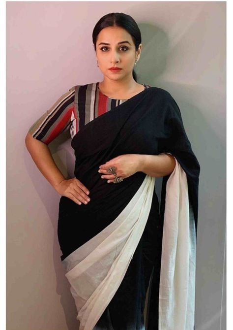 vidya blana in black and white saree shakuntala devi promotions 2 scaled e1595441474139 Black And White Saree Blouse Designs, Black And White Cotton Saree, Black And White Saree Blouse, Vidhya Balan Saree, Vidya Balan Saree Blouse, Black White Saree, Vidya Balan Saree, Striped Blouse Designs, White Saree Blouse