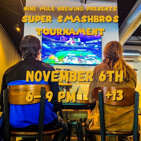 Come play with us tomorrow in our monthly Smash Bros tournament! Compete, have fun, and win prizes. Open to all ages 13 and up, with rewards for the top three performers. Sign up can be found at 9milebrewing.com Smash Bros Tournament, Win Prizes, Smash Bros, Have Fun, Sign Up