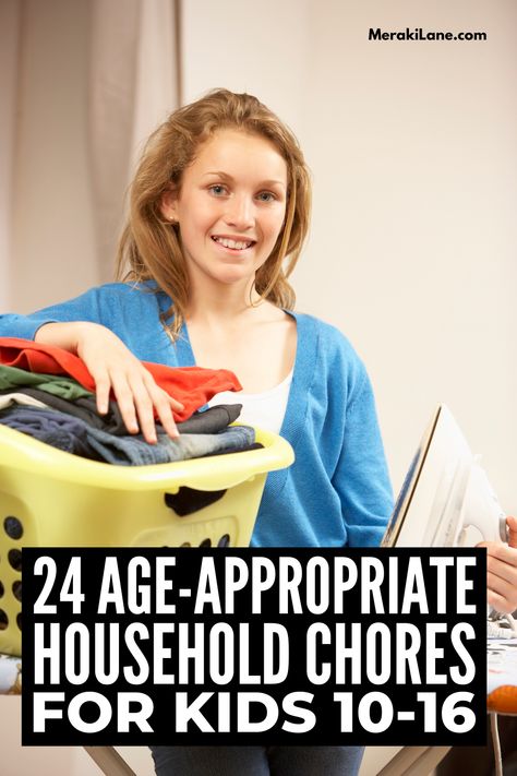 24 Age-Appropriate Chores for Tweens and Teens | As parents, we want to teach our kids basic life skills while also avoiding power struggles, which is not easy! In this post we're sharing 5 strategies to get your kids to help out around the house without nagging and yelling, plus a list of daily and weekly household chore ideas for kids aged 10-16. Whether you use chore charts, pay an allowance, or no reward system at all, click for tips to teach kids responsibility without power struggles! Chore List For Kids Age 10, Age Appropriate Chore Ideas, Teaching Kids Responsibility, Chores By Age Charts For Kids, Age Appropriate Consequences Chart, Chores For Kids By Age 9-10, Chore List For Teens, Chores For Teenagers, Chores For Teens