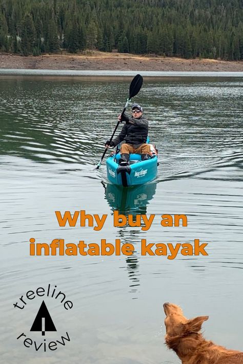 A lone kayaker is on a still lake in the early morning in a bright blue inflatable kayak while a dog looks on from the shore. Inflatable Fishing Kayak, Tandem Kayaking, Sea Eagle, Inflatable Kayak, Whitewater Kayaking, Inflatable Boat, The Trunk, What To Buy, Calm Water