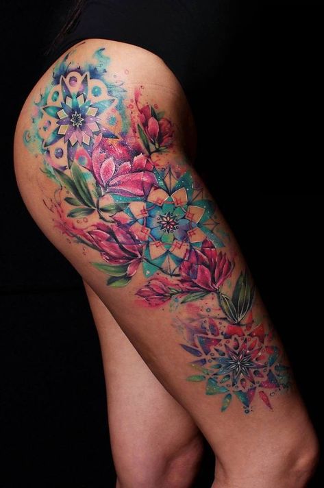 Sleeve Tattoos Watercolor, Watercolor Tattoo Thigh, Mandala Watercolor Tattoo, Watercolor Half Sleeve Tattoo For Women, Large Watercolor Tattoo, Watercolor Leg Tattoo, Thigh Tattoos Women Colorful, Color Only Tattoo, Watercolor Sleeve Tattoo Women