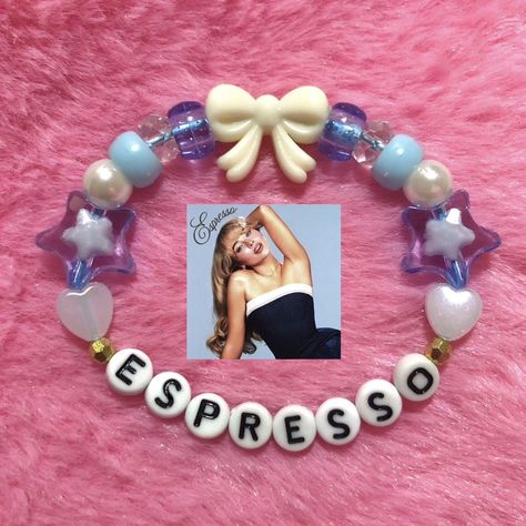 Handmade Sabrina Carpenter 'Espresso' beaded... - Depop Bracelet Ideas Sabrina Carpenter, Sabrina Carpenter Bracelets, Carpenter Outfits, Easy Crafts For Teens, Sabrina Carpenter Outfits, Kandi Kid, Bracelets Diy, Bracelet Ideas, Pretty Earrings