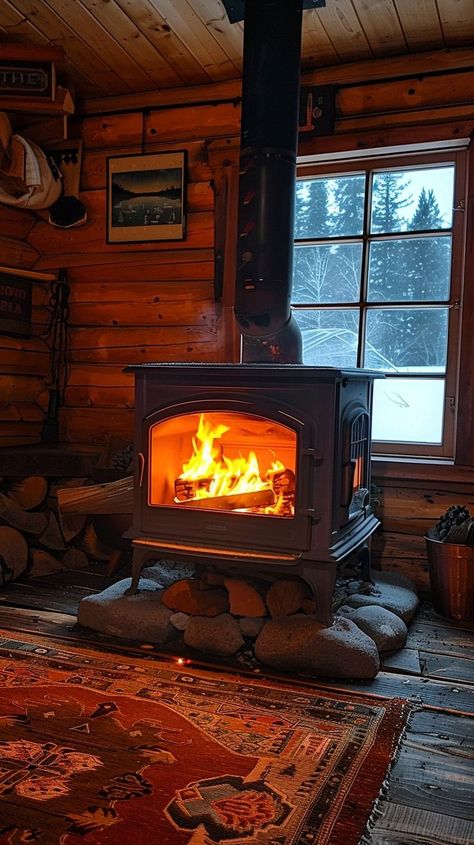 Cozy rustic cabin interior with fireplace in snow-covered landscape, perfect for winter retreat. Cabin Wood Burning Fireplace, Wood Stove In House, Cabin Wood Burning Stove, Rustic Wood Burning Stove, Red Wood Stove, Cabin Fireplace Aesthetic, Warm Cabin Aesthetic, Woodstoves In Living Rooms, Wood Stove Christmas